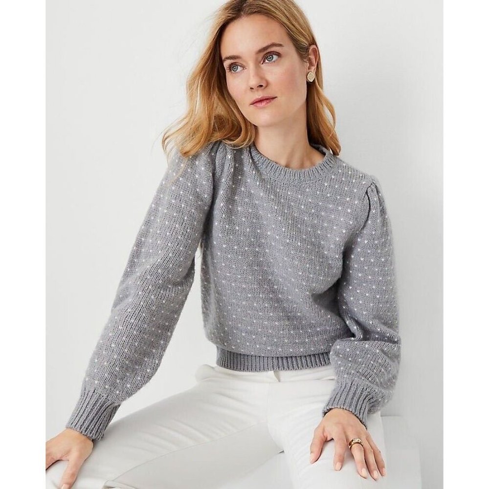 ANN TAYLOR Bird's Eye Sweater Pullover Puff Sleeves Crew-neck Gray Size XXL